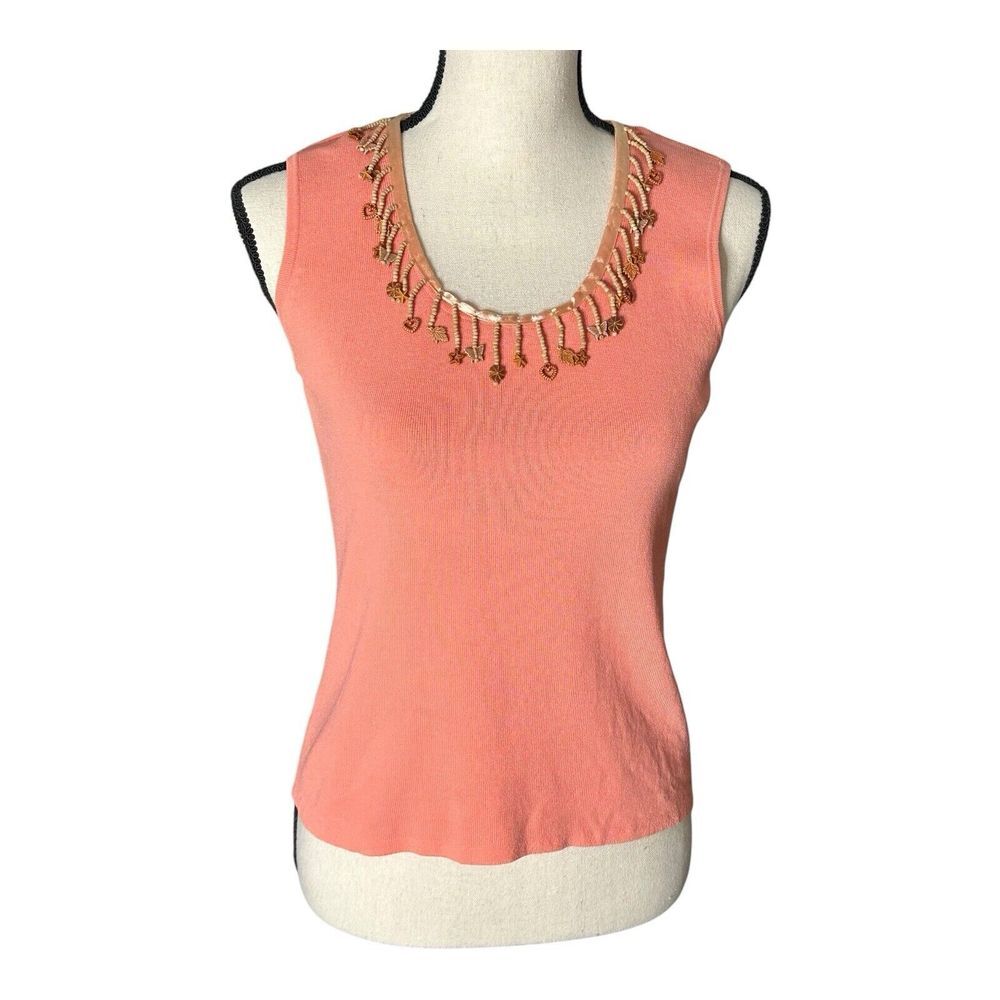 Joseph A. Salmón Beaded Scoop Neck Stretch Tank Cami Top Shirt Size L